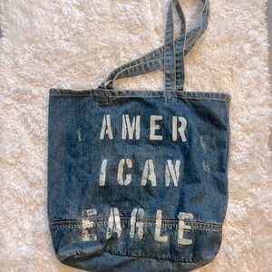 American Eagle Outfitters Blue and White Casual Denim Tote with Distress look